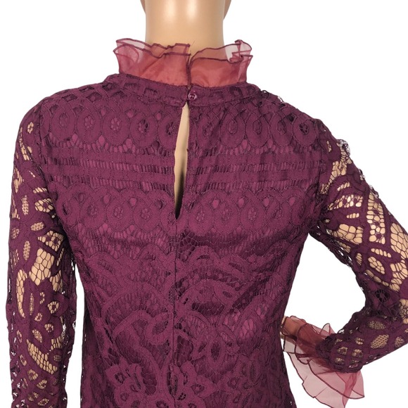 Lulus Ruffle Lace Overlay Shift Mini Dress Size S Burgundy Red Formal Romantic - Picture 6 of 8